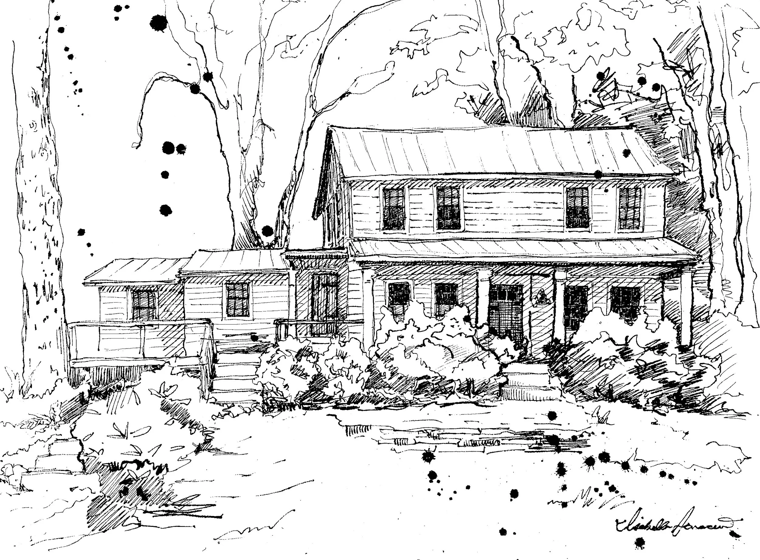 A black and white sketch of a two-story house with a porch, surrounded by trees and bushes.