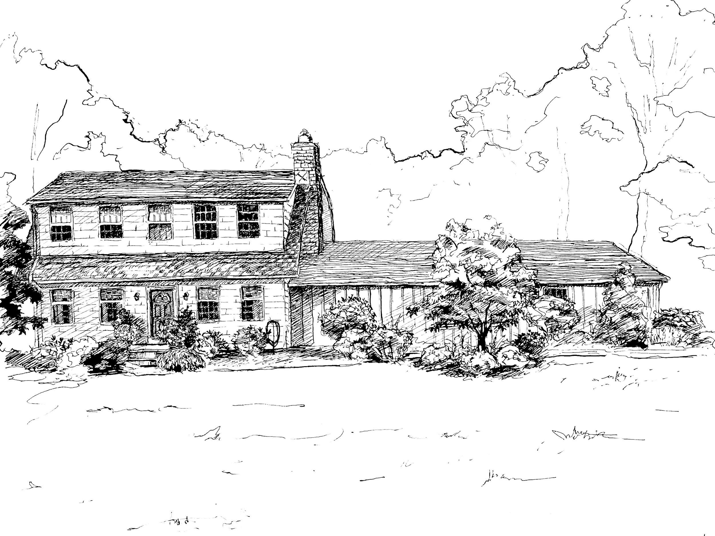A black and white sketch of a two-story house with a chimney, surrounded by trees and shrubs.
