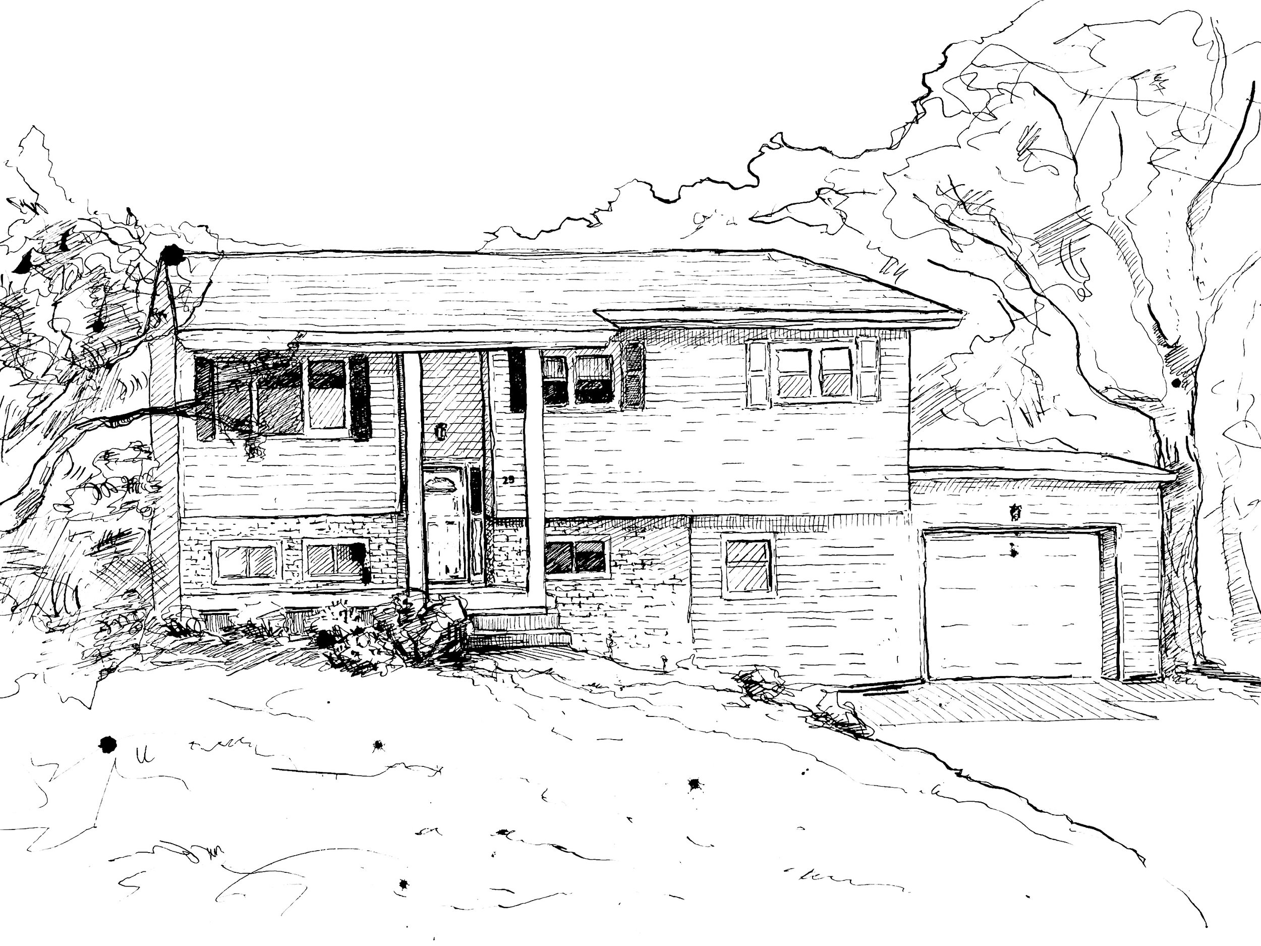 Black and white sketch of a two-story house with a garage on the right, trees on both sides, and a front door with steps.