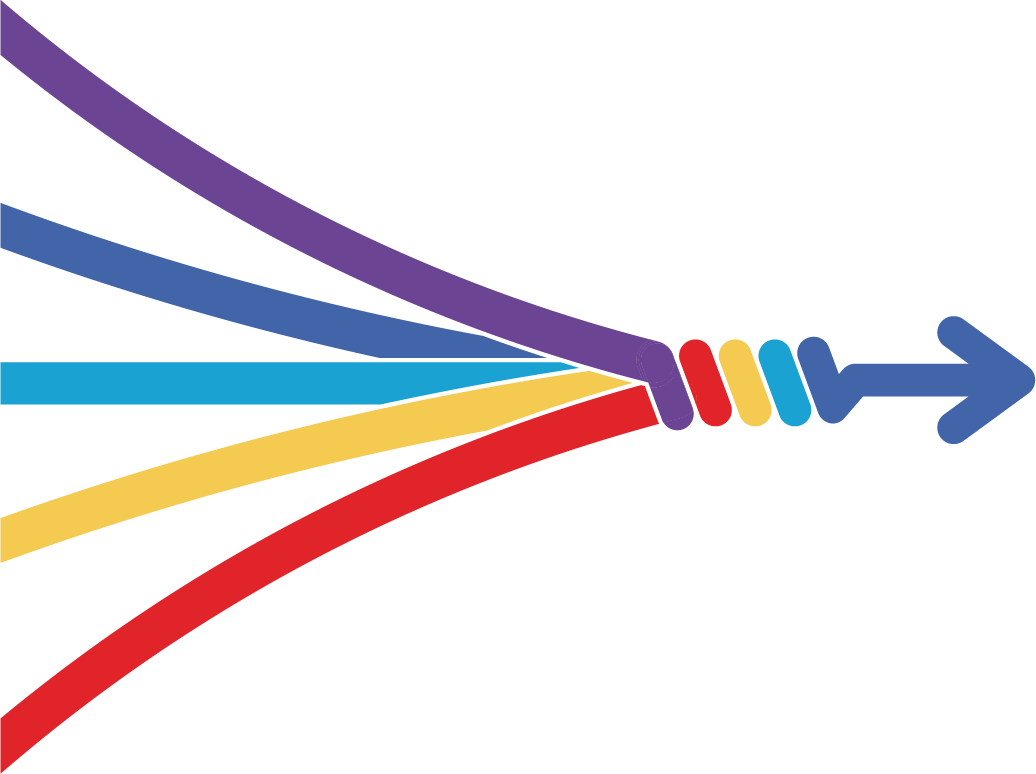 Multiple colorful arrows converge and turn into a single blue arrow pointing to the right.