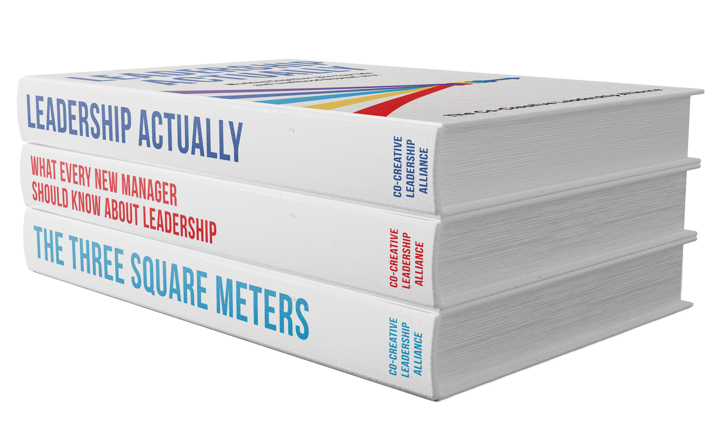 Stack of three books with titles: 'Leadership Actually', 'What Every New Manager Should Know About Leadership', and 'The Three Square Meters' from top to bottom.