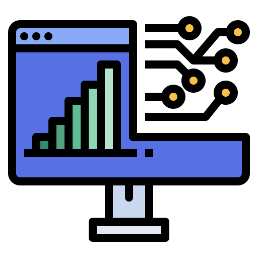 Computer screen displaying a bar graph with upward trend and scattered data points.