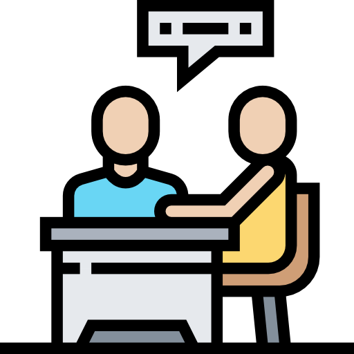Illustration of two people having a conversation, one is sitting at a table and the other is sitting on a chair with an armrest. There is a speech bubble above them.