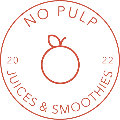 Logo for No Pulp Juices & Smoothies featuring a peach illustration with the text 'NO PULP', 'JUICES & SMOOTHIES', and the year 2022.
