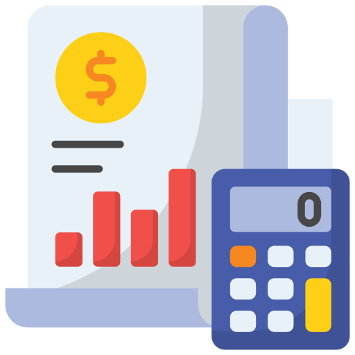 Financial report with a dollar sign, bar chart, and calculator.