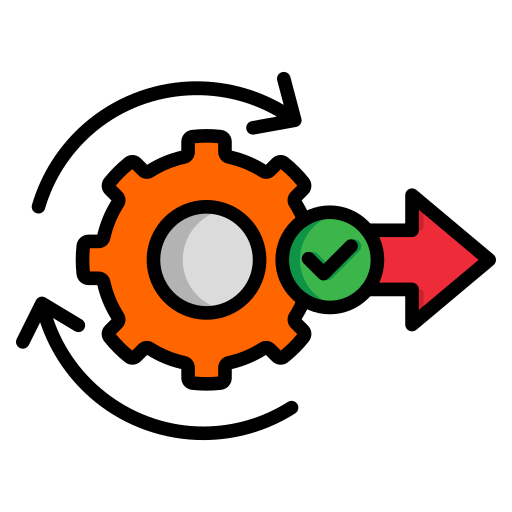 Gear icon with a green checkmark circle and a red arrow pointing right.