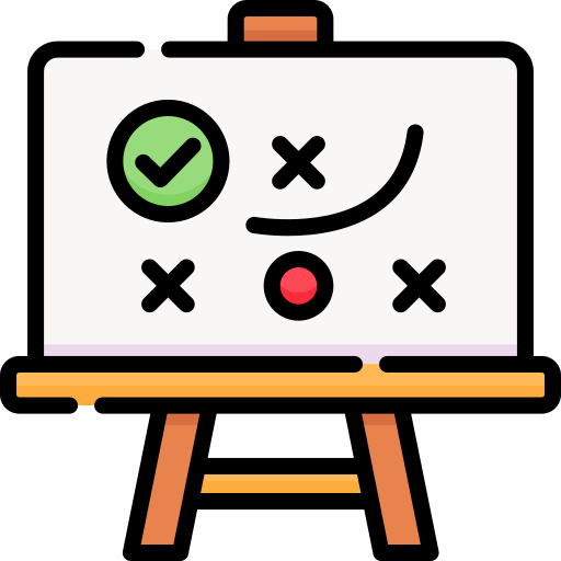 Illustration of a game plan or strategy on a whiteboard with a green checkmark, X marks, and a red circle.
