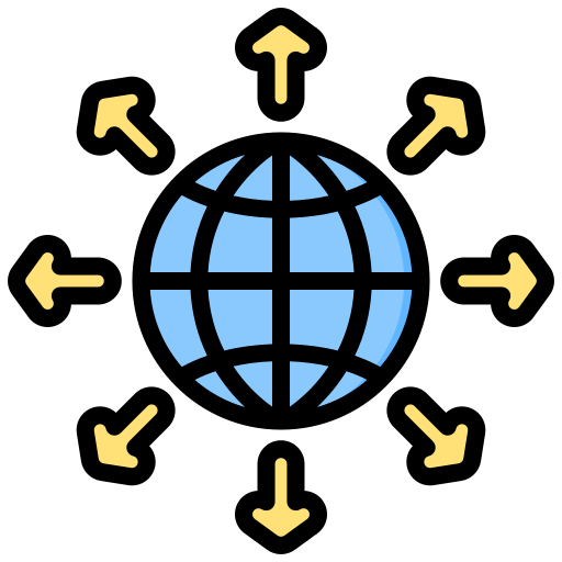 Icon of a globe with eight arrows pointing outward in different directions.