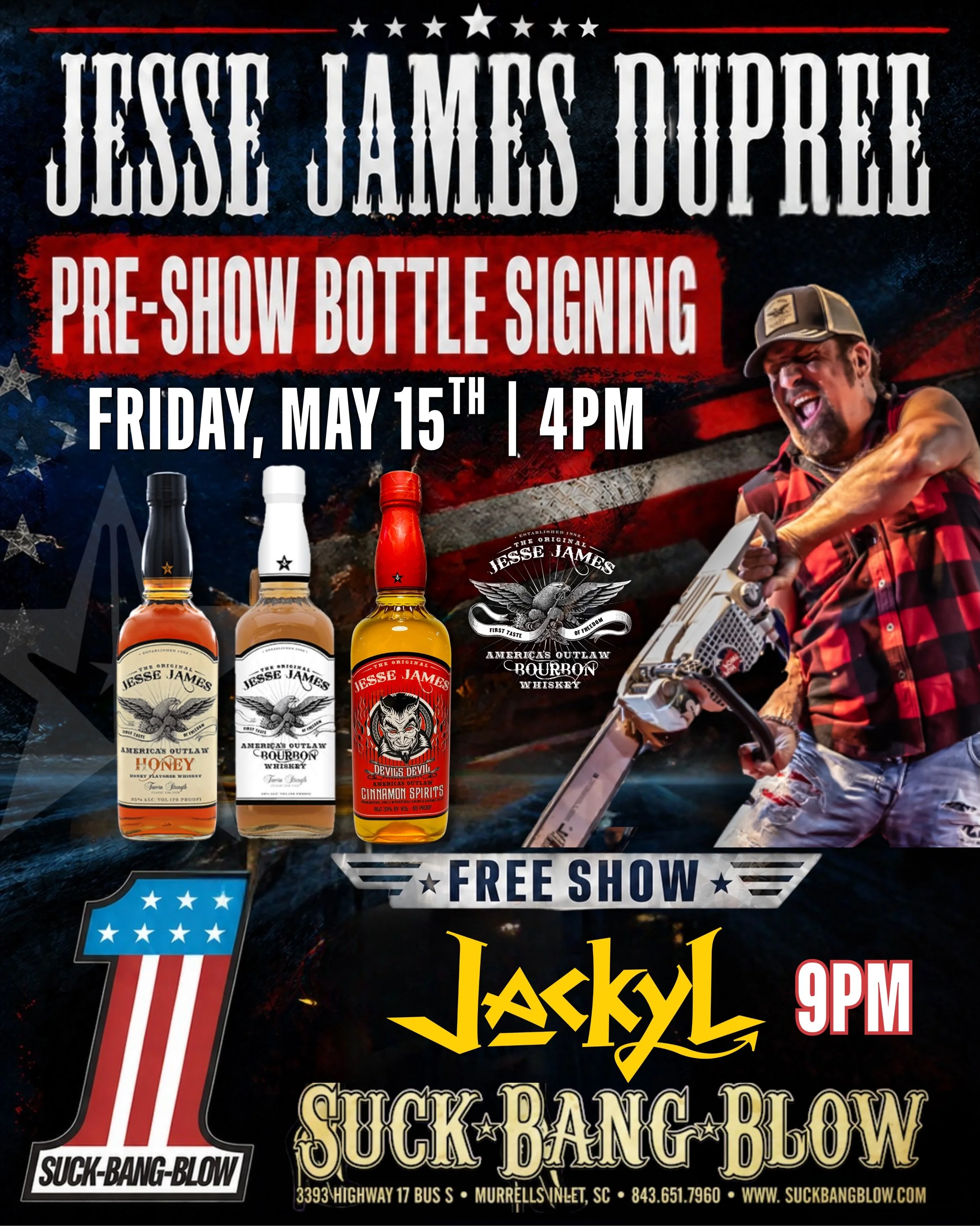 Myrtle Beach, SC 🇺🇸 2026 Spring Rally Let&rsquo;s Go! Friday, May 15th Jesse James Dupree will be signing bottles of his Jesse James Spirits at Suck Bang Blow starting at 4PM 🥃 Jesse James Original Bourbon, Jesse James Honey Whiskey, and the new J