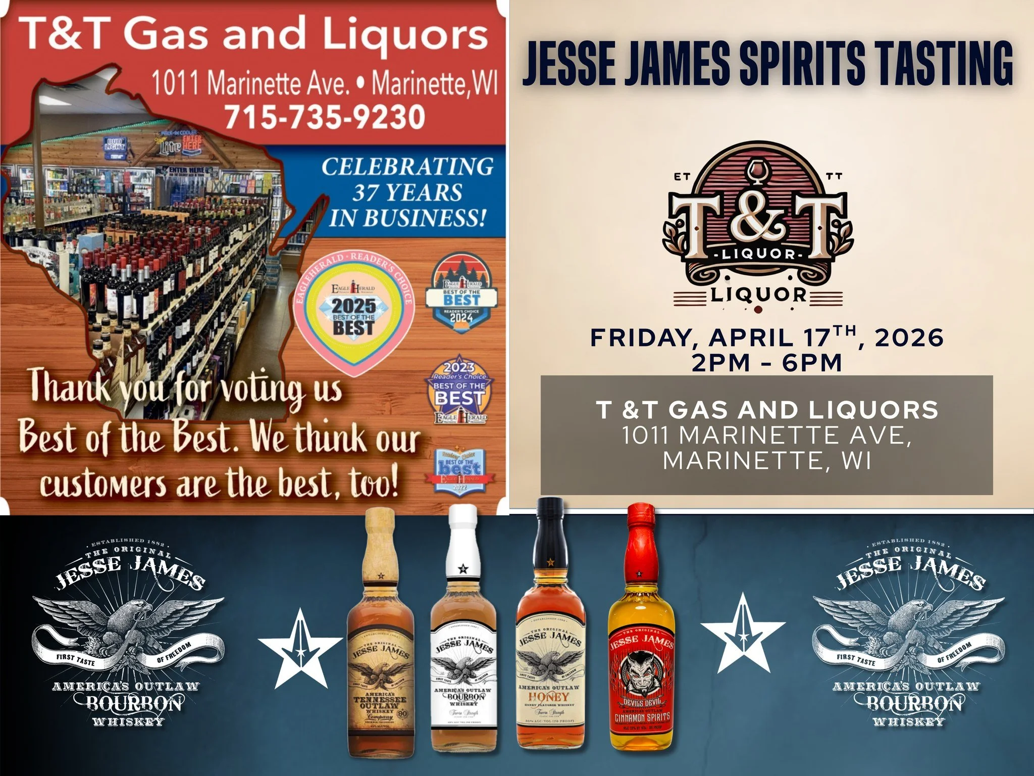 Marinette, Wisconsin: we&rsquo;re pouring this Friday. 🥃 Stop by T&amp;T Gas &amp; Liquors from 2PM&ndash;6PM for a Jesse James Spirits taste testing, sample the lineup, and raise a glass of Liquid America. 🇺🇸

1011 Marinette Ave, Marinette, WI 54