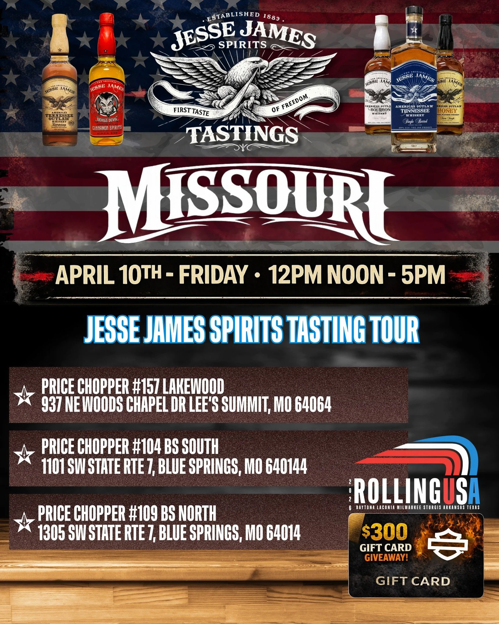 Friday&rsquo;s here and the bottles are still pouring. 🦅 The Jesse James Spirits Tasting Tour keeps rolling across Missouri today from noon to 5 PM. Stop by, taste the lineup, and lock in your shot at that $300 Harley-Davidson shopping spree. Keywor