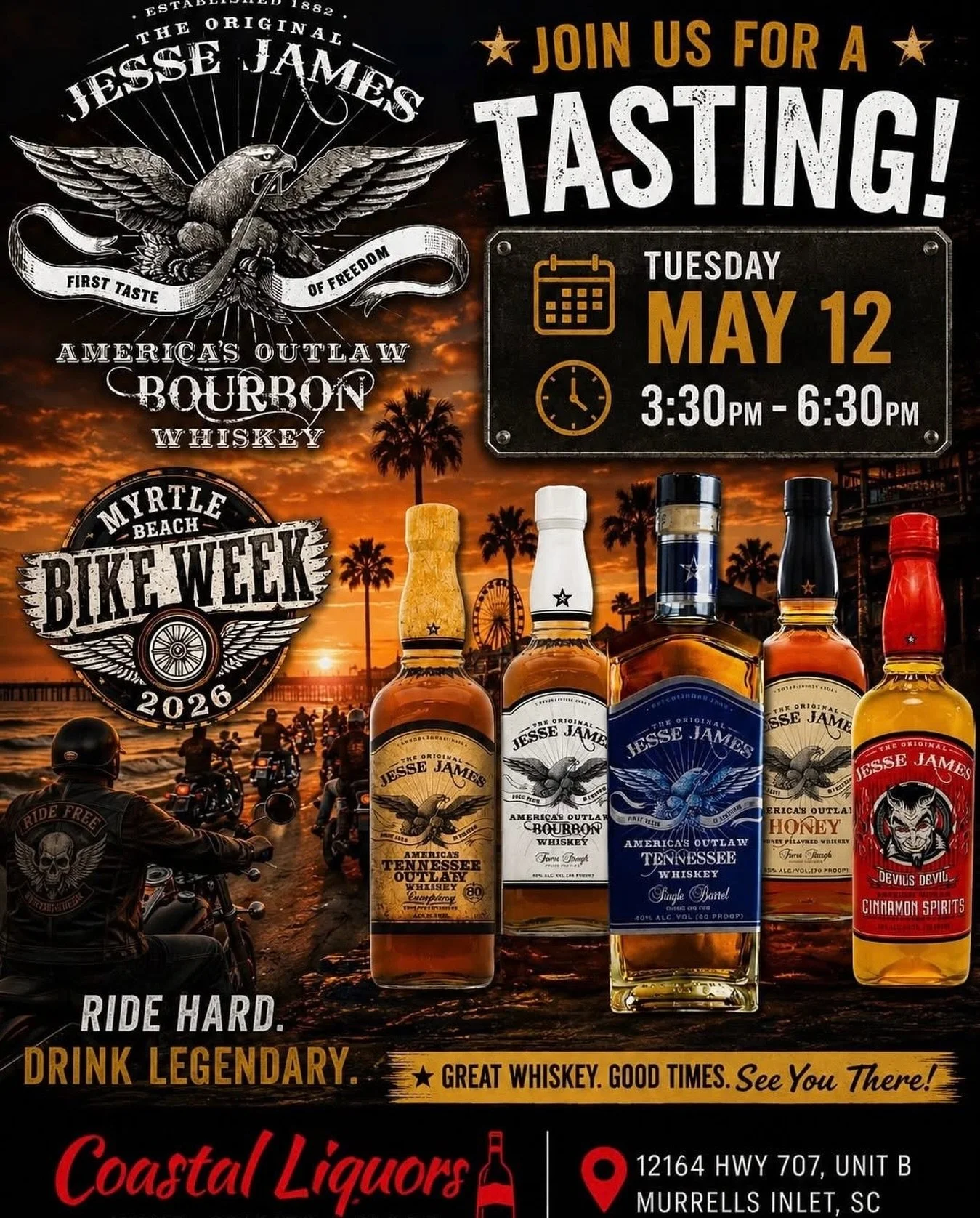 Myrtle Beach Spring Rally 2026 🇺🇸 Jesse James Spirits Tasting today! @coastalliquors_murrellsinlet