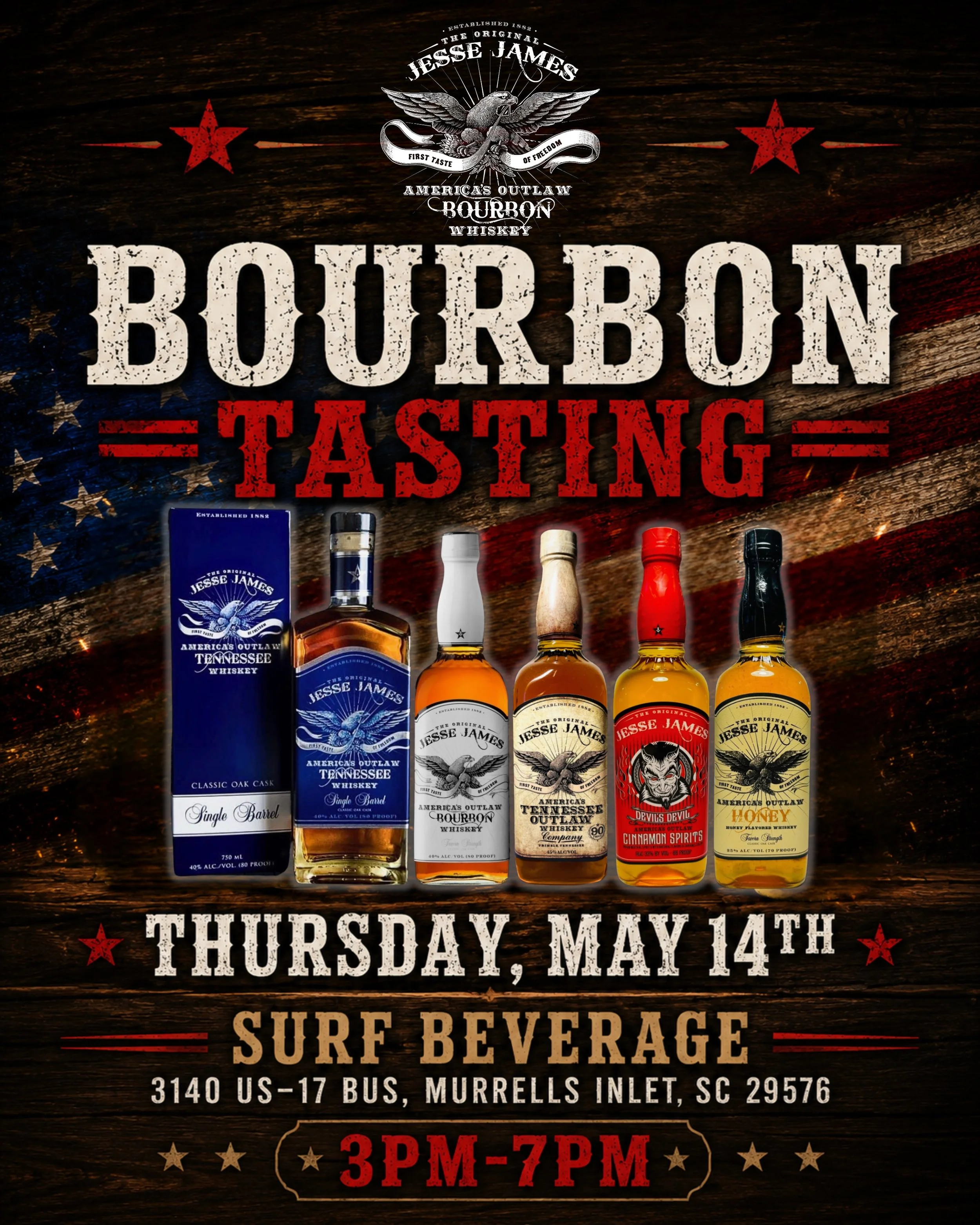 Myrtle Beach, SC 🇺🇸 Jesse James Tasting today Thursday, May 14th with our friends over at Surf Beverage 3PM-7PM 🦅🏄🌊