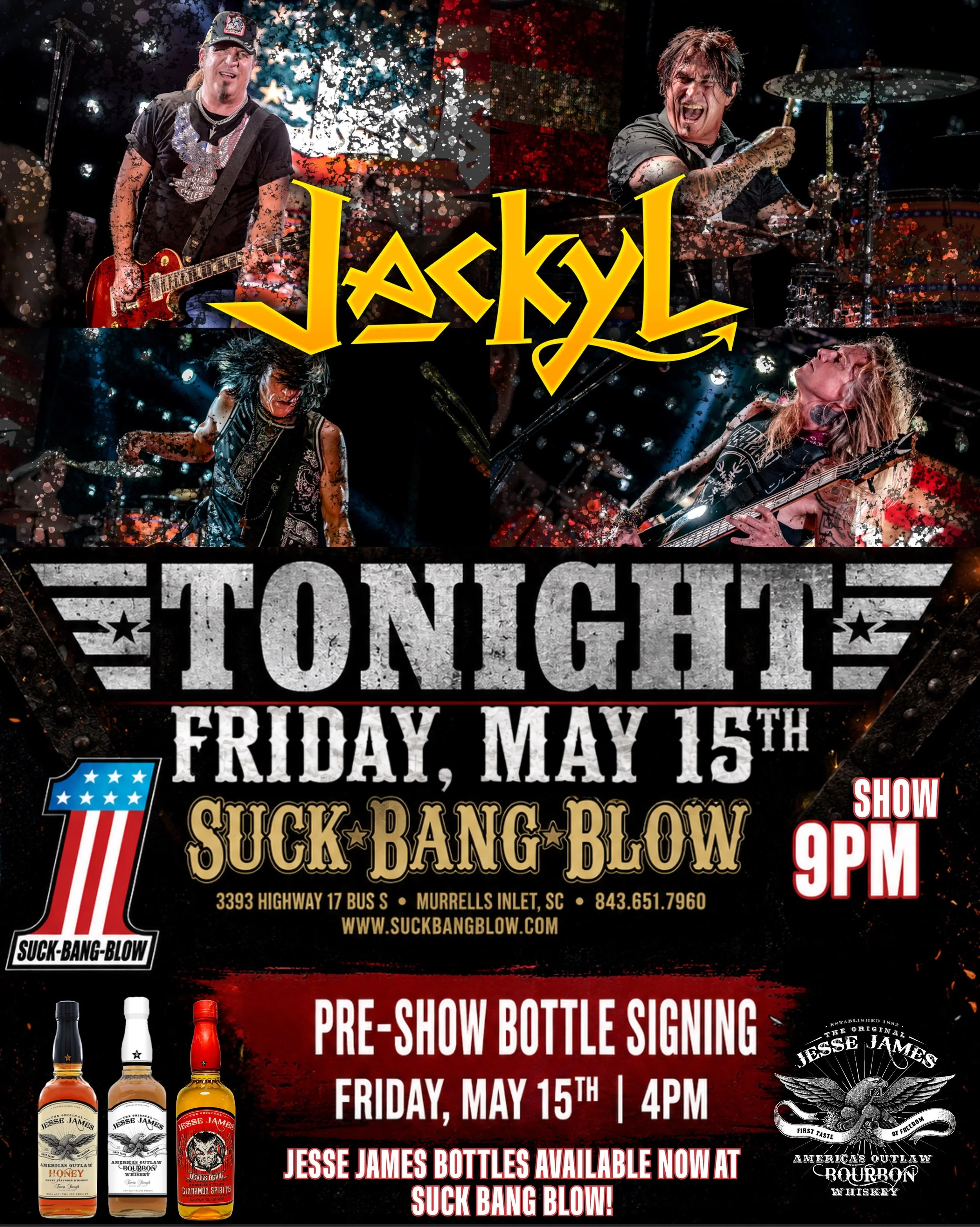 ⭐️ James James Dupree will be signing bottles of his whiskeys today at Suck Bang Blow Friday. May, 15th at 4PM-  Jesse James Original Bourbon 🥃 Jesse James Honey Whiskey 🥃 and the new Jesse James Devils Devil Cinnamon Spirits bottles are available 