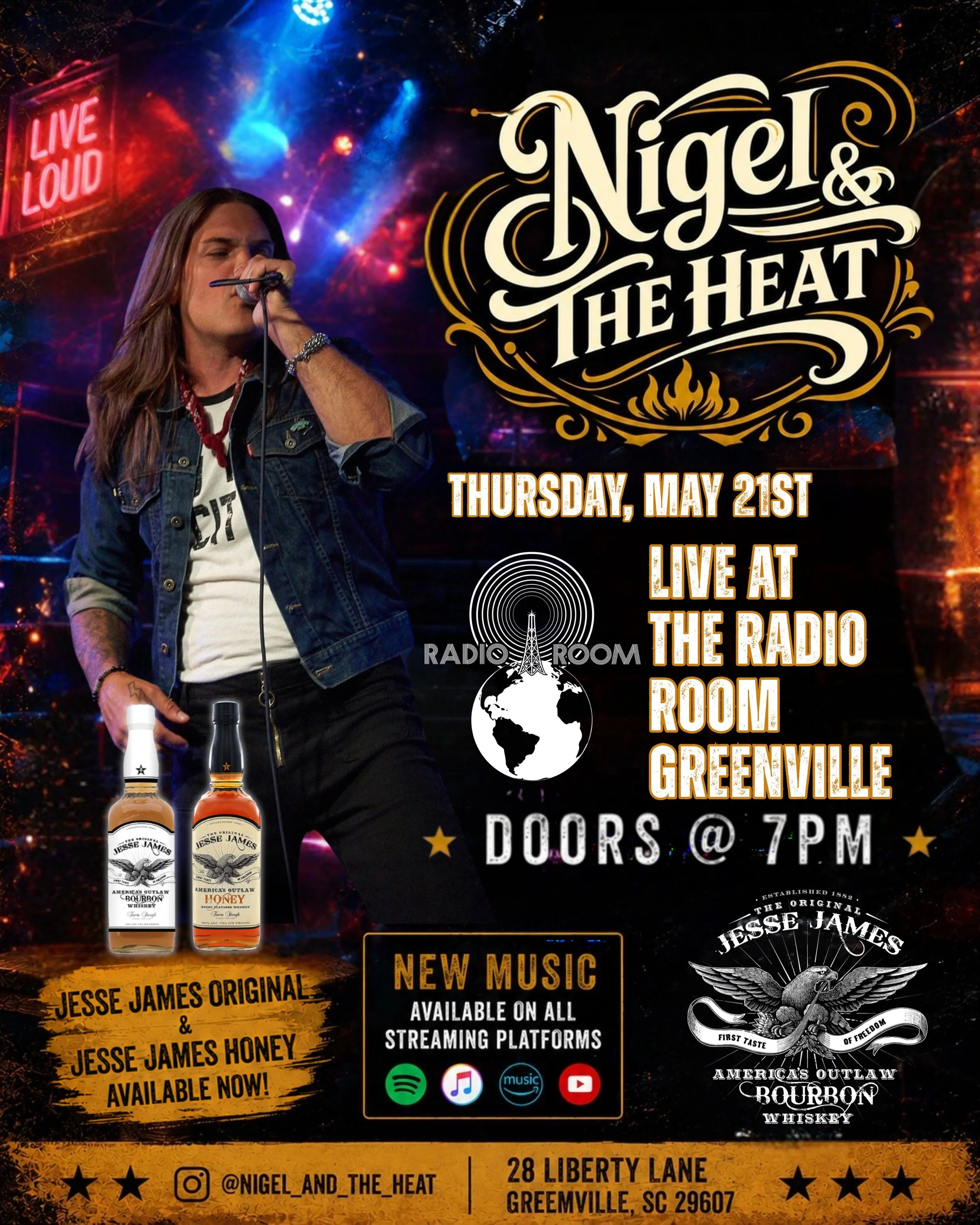 Greenville, SC 🇺🇸 Jesse James Spirits proudly presents Nigel T Dupree and The Heat this Thursday, May 21st at The Radio Room 🥃 Jesse James Original Bourbon and Jesse James Honey Whiskey will be available behind the bar(21+) Join us for a solid nig