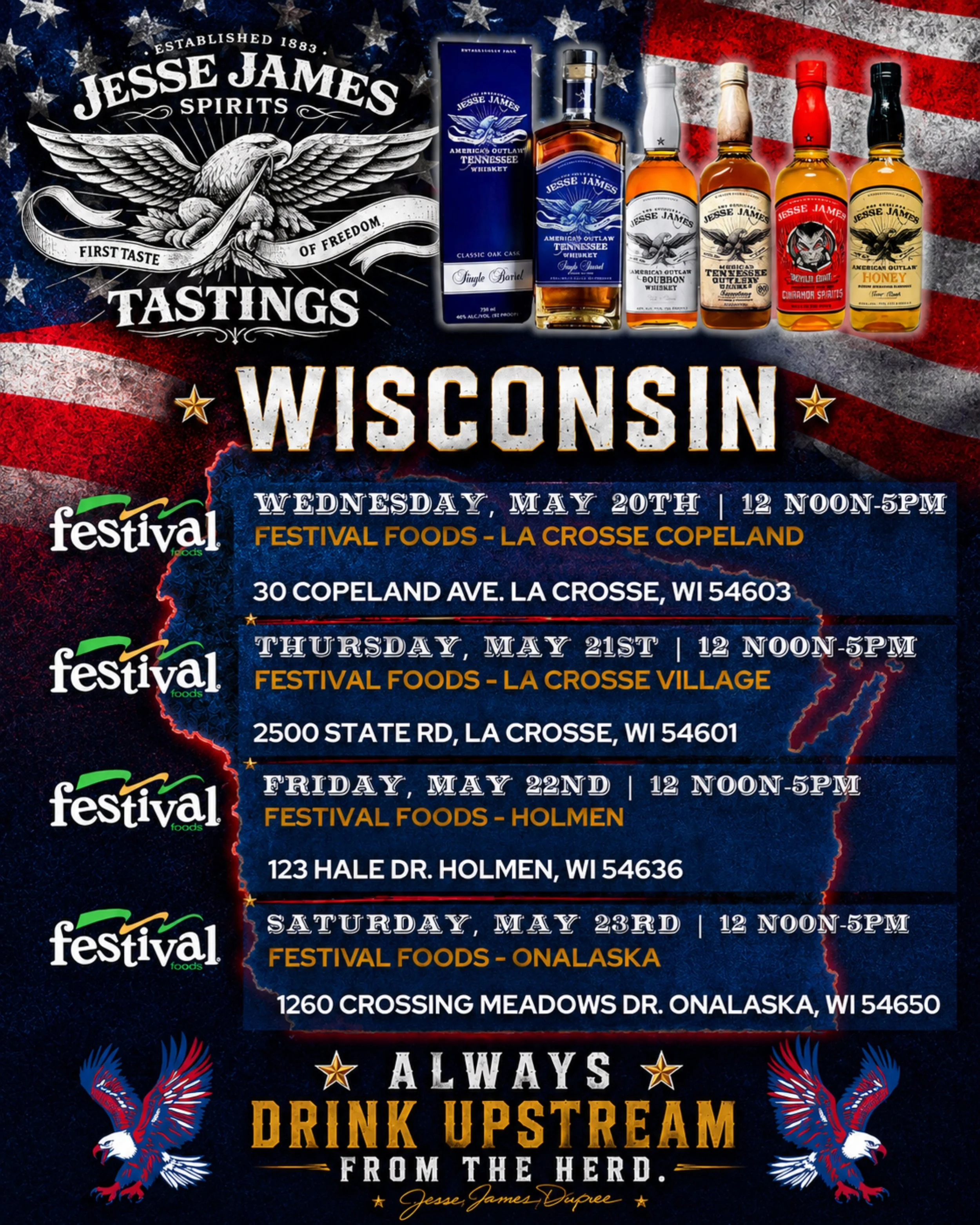 Wisconsin 🇺🇸 The Jesse James Spirits Tasting Tour is coming your way this week! Look for our team set up in these Festival Foods locations starting on Wednesday in LaCrosse, WI 🥃 Jesse James Original Bourbon, Jesse James Outlaw 90 Proof Tennessee 