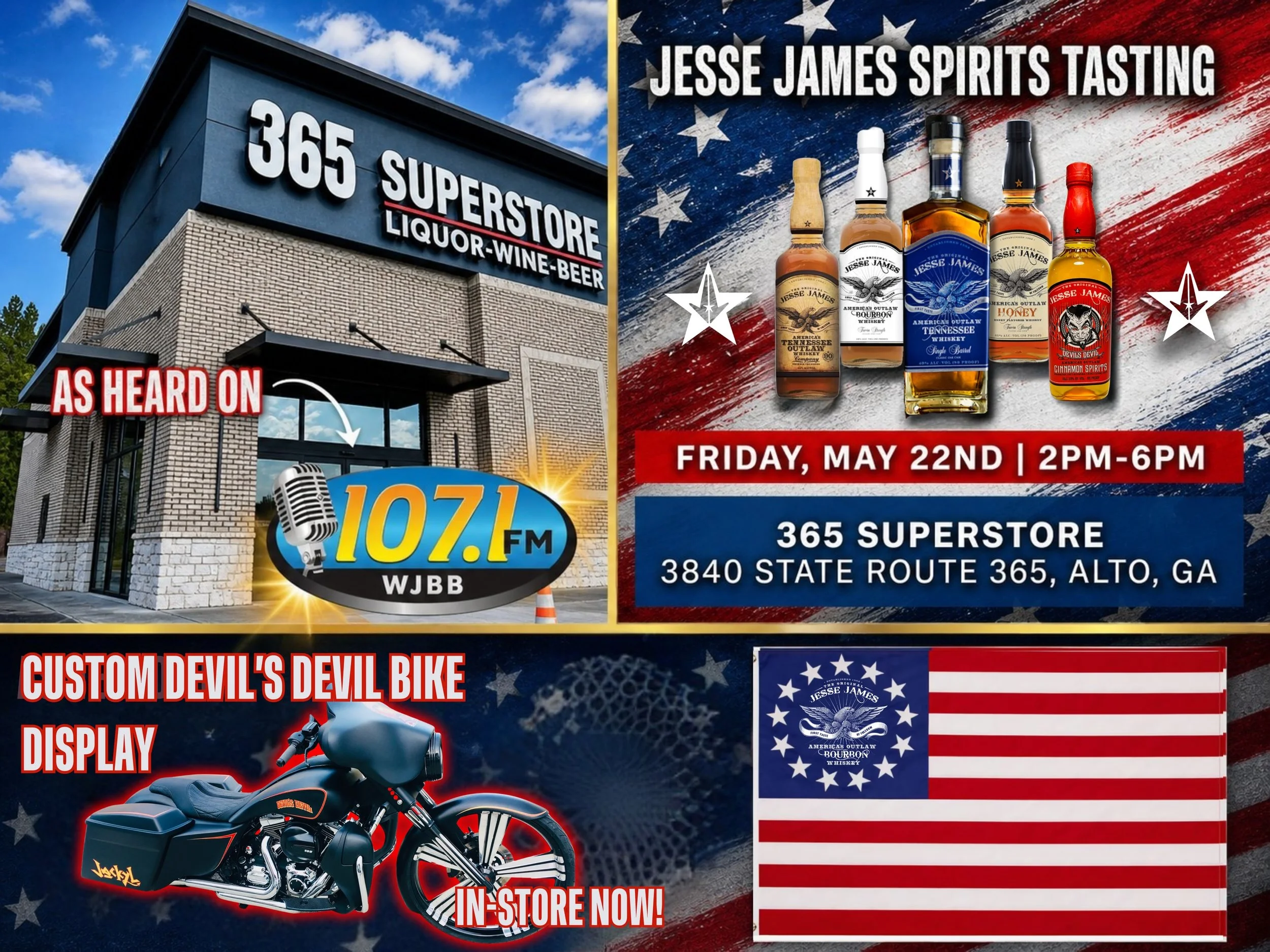 Alto, GA 🇺🇸 Jesse James Spirits tasting this Friday, May 22nd from 2PM-6PM with our friends up at 365 Superstore 🦅🥃