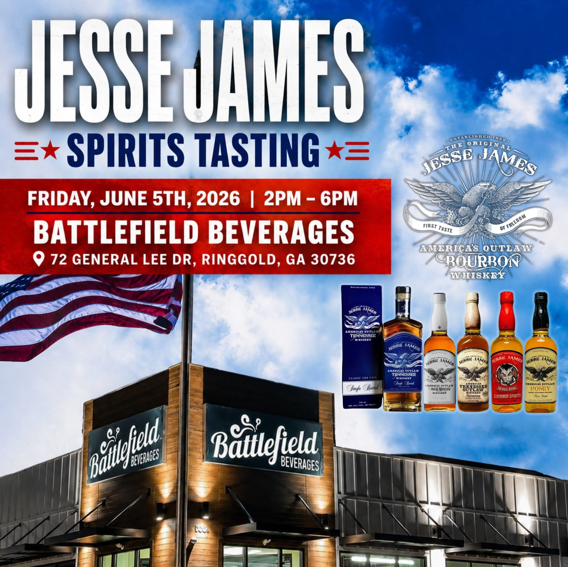 Ringgold, GA 🇺🇸 It&rsquo;s the weekend and our good friends at Battlefield Beverages have got your first taste of freedom 🥃 Jesse James Spirits and Devil&rsquo;s Devil Cinnamon Spirits tasting today Friday, June 5th from 2PM-6PM 🦅 Sale pricing on