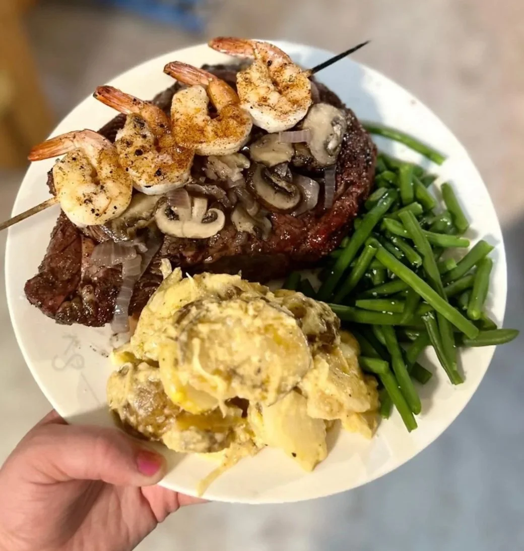 dinner plate, shrimp, steak, lent, green beans, mashed potatoes