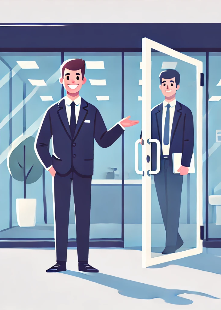 Two businessmen in suits, one standing outside a glass door and the other inside holding a tablet, smiling in a modern office setting.