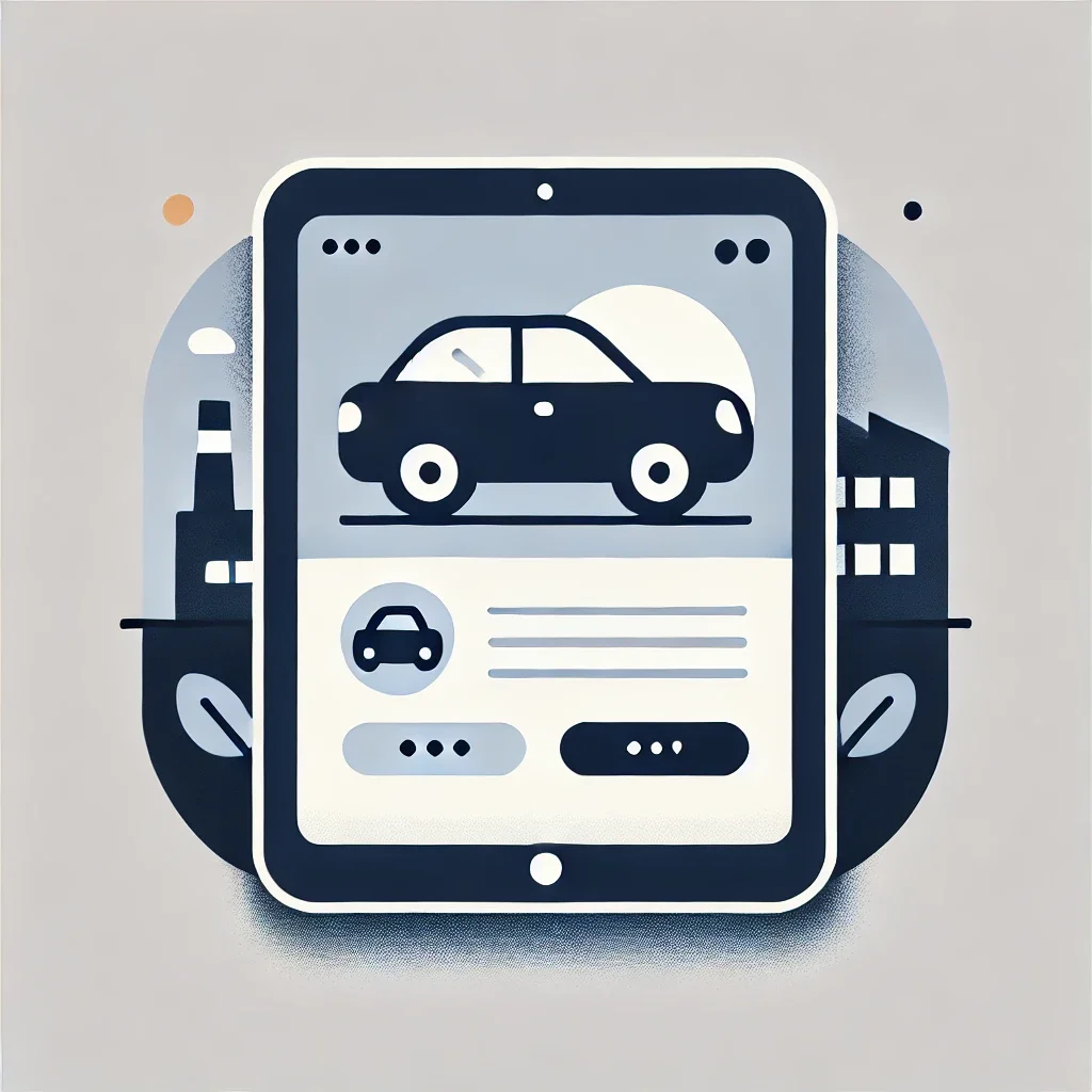 Digital illustration of a mobile phone displaying a car rental or purchase app, with city buildings and factory silhouettes in the background.