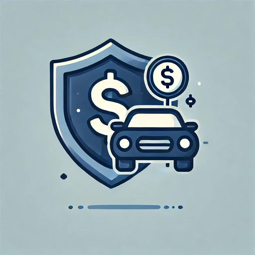 An illustration of a shield with a dollar sign, a car, and a coin with a dollar sign, representing car insurance or financial protection related to automobiles.