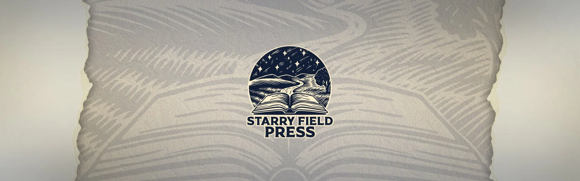Logo for Starry Field Press, featuring an open book with a starry night sky, a winding road, and a tree, set against a textured background.
