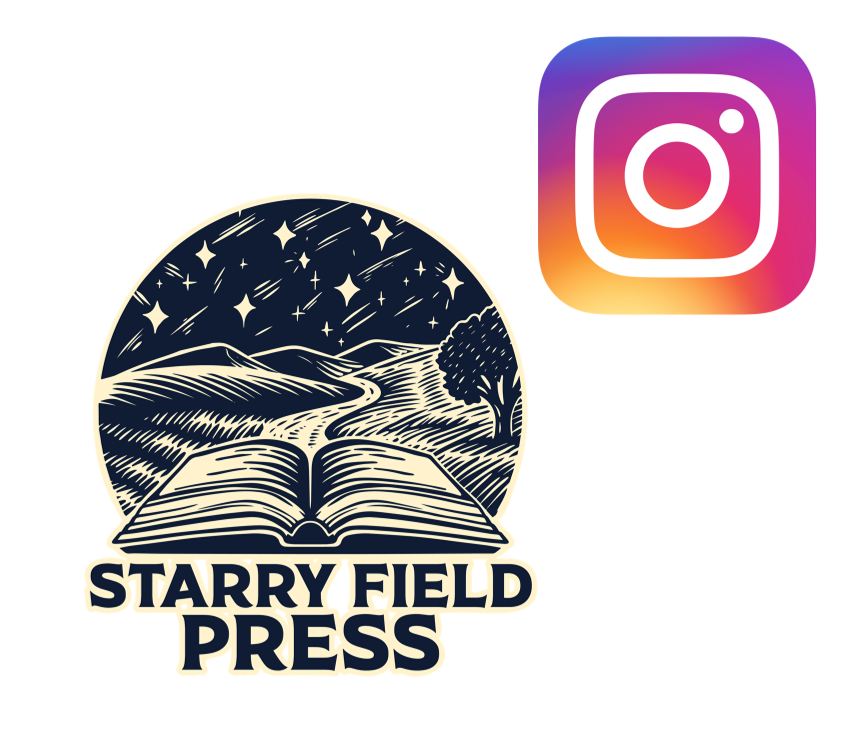 Logo for Starry Field Press with an open book, a winding path, a tree, and a starry night sky in a circular design, along with an Instagram logo.