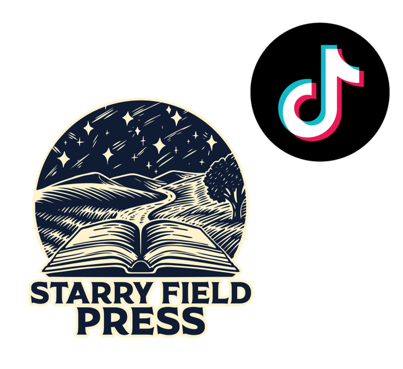Logo of Starry Field Press featuring an open book under a starry night sky with a trail and trees