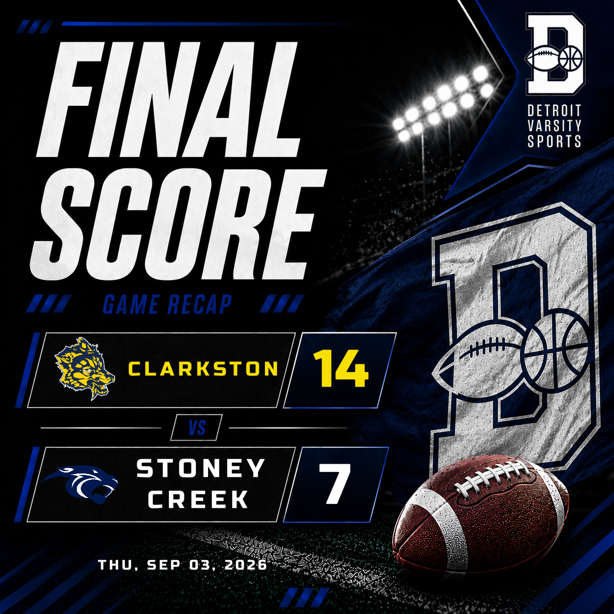 Clarkston Holds Off Stoney Creek 14-7 in Defensive Battle