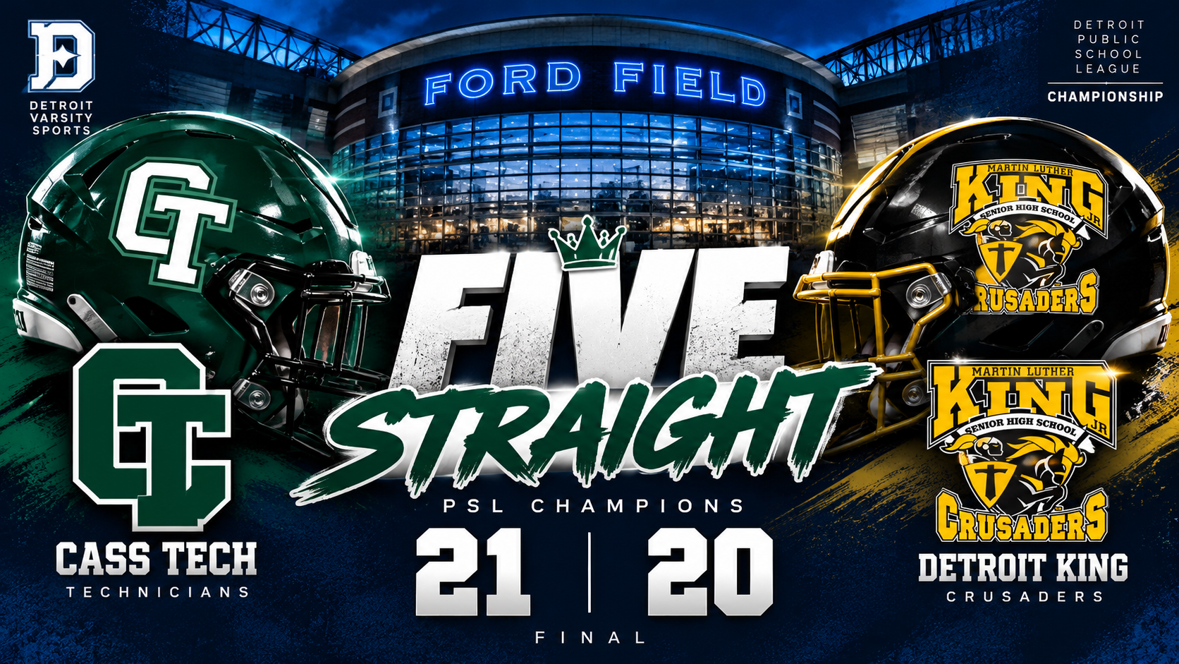 FIVE STRAIGHT! Cass Tech Rallies Past Detroit King 21–20 to Capture Another PSL Championship