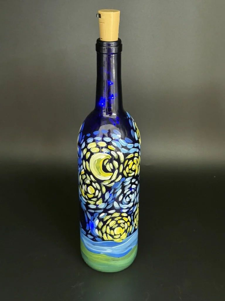 Starry Night Painted Wine Bottle with Fairy Lights at People’s Pub