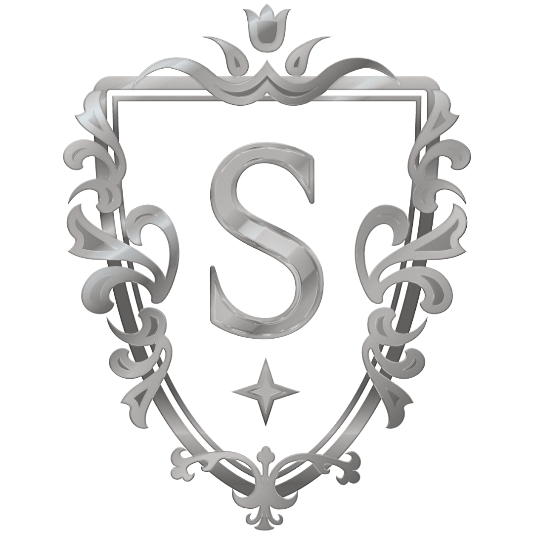 Sterling Staffing Group Logo: Silver ornate crest with a large letter 'S' in the center, surrounded by decorative floral elements and a star at the bottom.