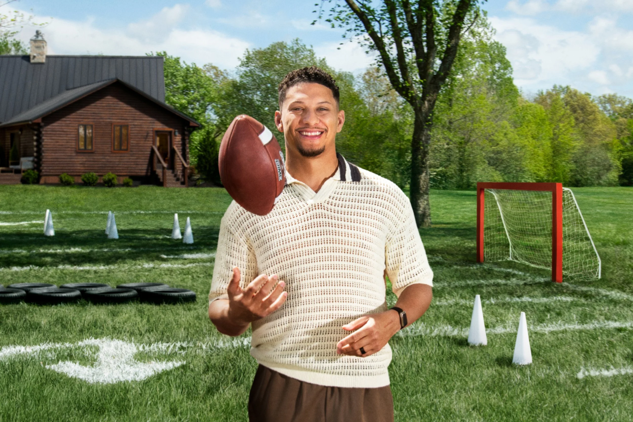 Patrick Mahones smiles with a football in a rural backyard