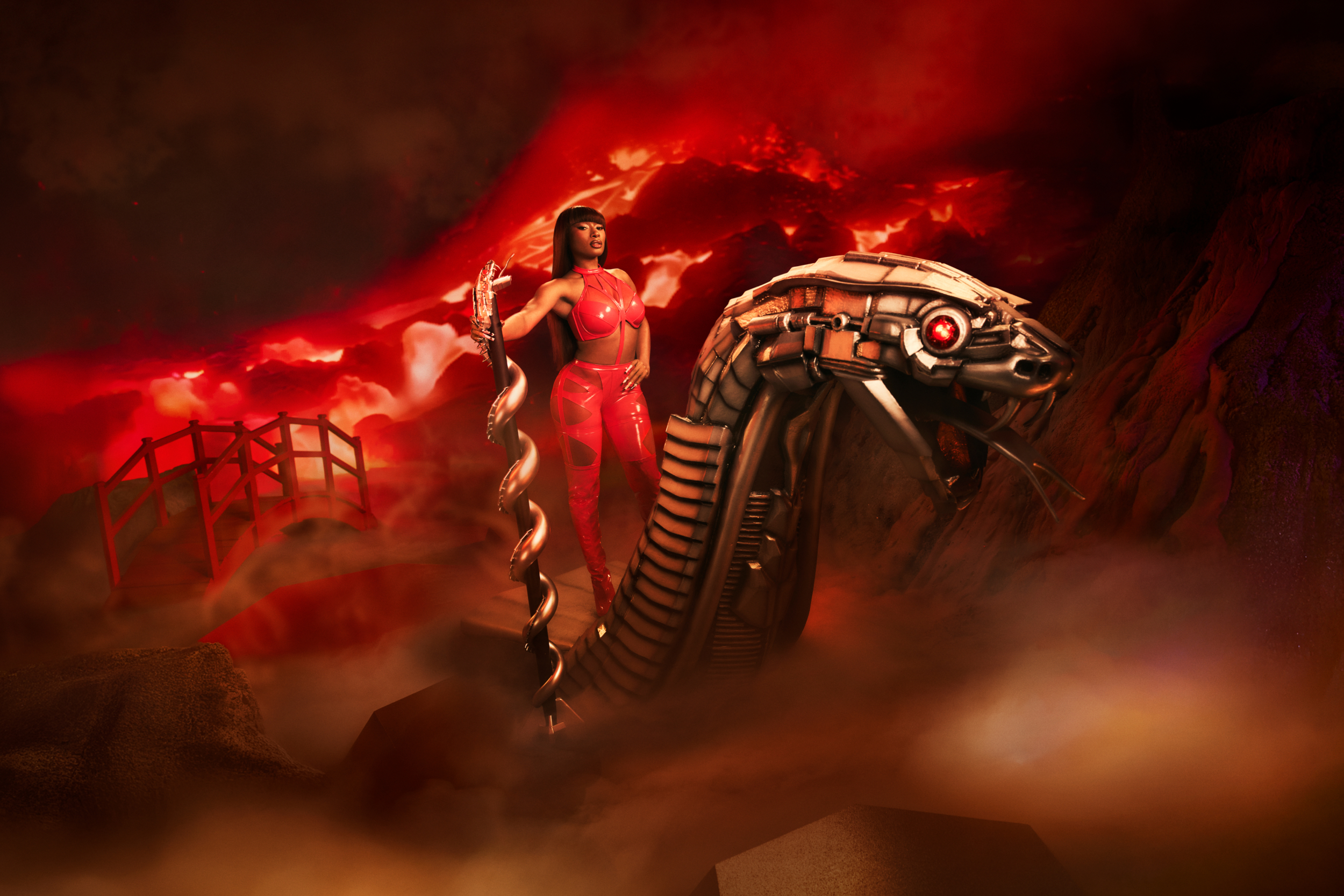 Megan Thee Stallion Riding a Snake in a Red Environment