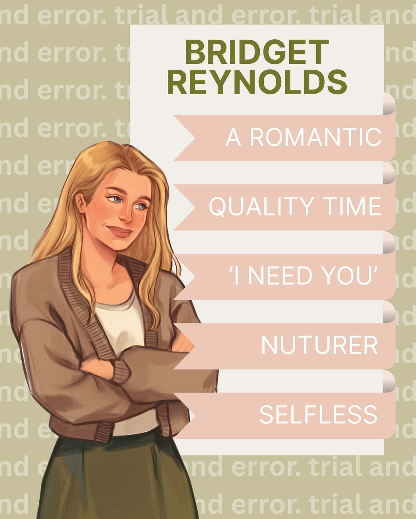 my girlieeeee bridget reynolds

🤍 engagement of convenience 
✨ friends to lovers 
🤍 sunshine x sunshine 
✨ he falls first
🤍 lover boy mmc 

trial and error est. fall 2026

🌿 indie author | romance book | romance writer | friends to lovers | fake 