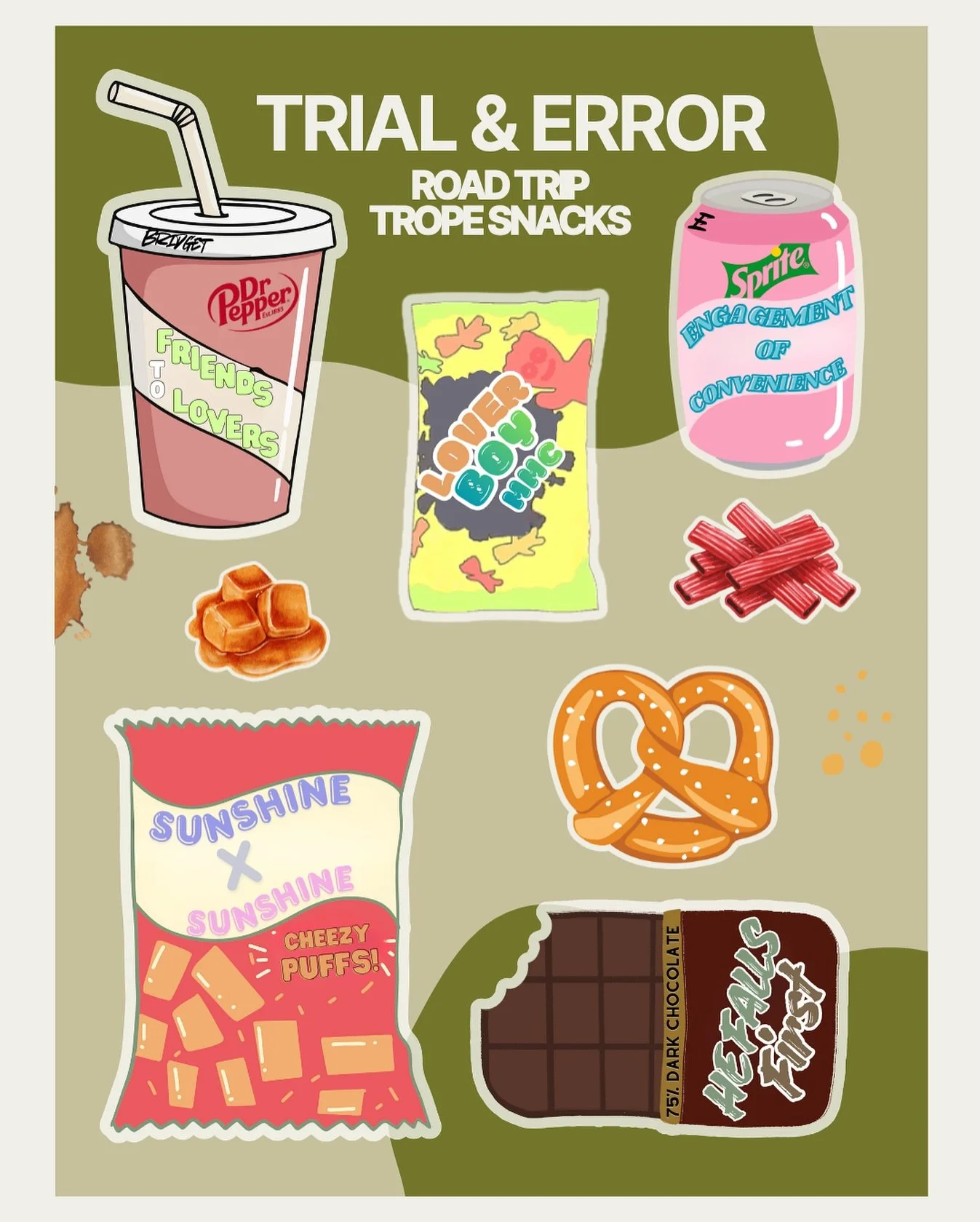 trial and error road trip snacks!

what you&rsquo;ll find in your snack bag:

🤍 engagement of convenience 
✨ friends to lovers 
🤍 sunshine x sunshine 
✨ he falls first
🤍 lover boy mmc 

trial and error est. fall 2026

graphic made by my sweetest f