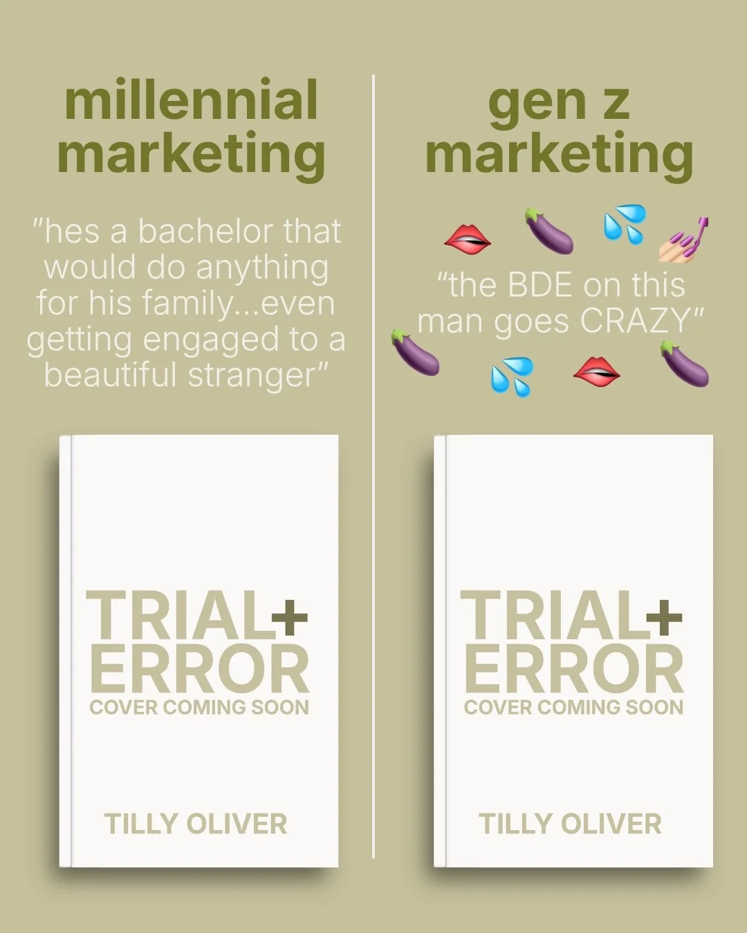 millennial vs gen z marketing 👀

🤍 engagement of convenience
✨ friends to lovers
🤍 sunshine x sunshine
✨ he falls first
🤍 lover boy mmc
✨ dual pov

trial and error - october 3, 2026

🌿 indie author | romance book | romance writer | friends to lo