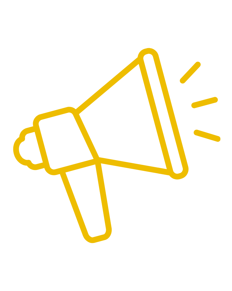 Yellow outline icon of a loudspeaker with sound waves coming out.