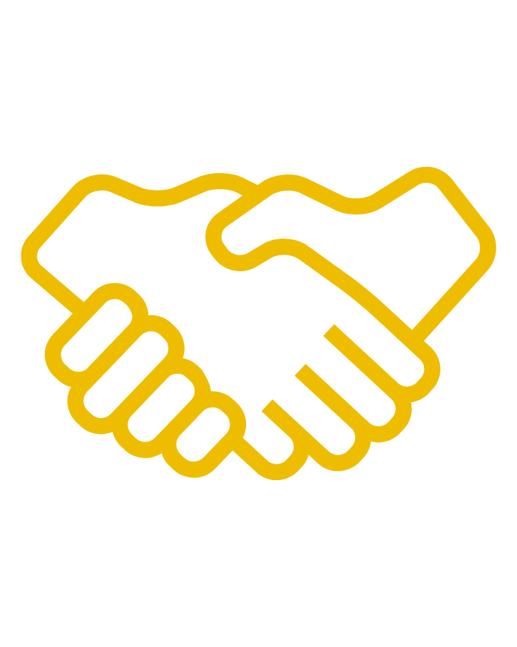 Yellow outline of two hands shaking on a black background.