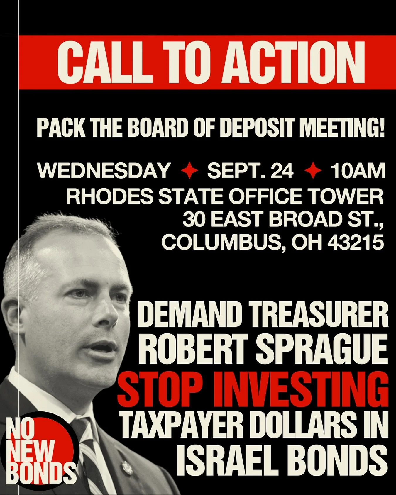 🇵🇸 OHIO MUST DIVEST! #NoNewBonds 
As Israel Bonds plummet towards ”junk bond” status, Ohio Treasurer Robert Sprague continues to invest our tax dollars in a foreign government under ICJ investigation for genocide.
Sprague has $262.5 m