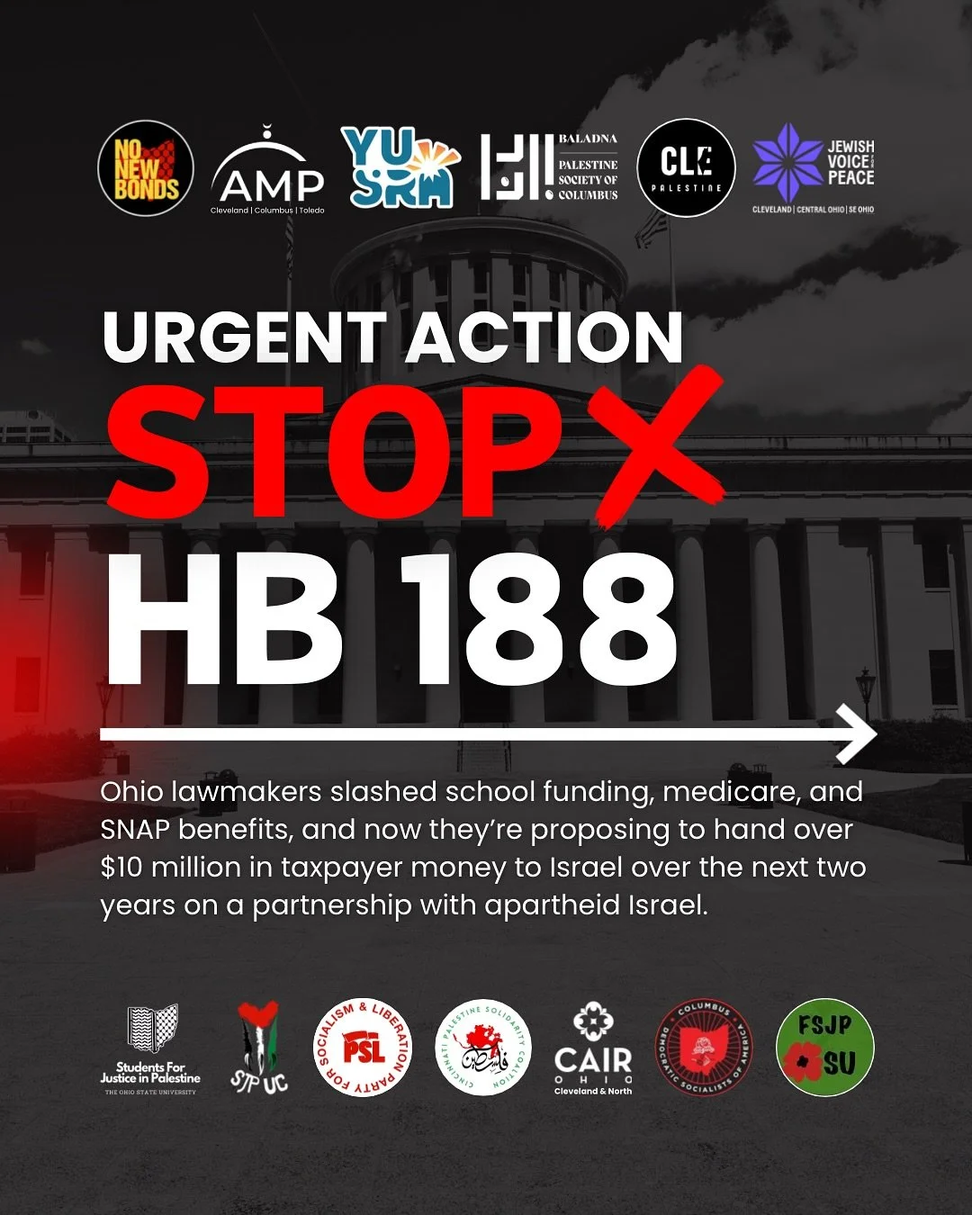 🚨 STOP HB 188 - Committee Vote this Wed, Oct 29 🚨

Ohio lawmakers are fast-tracking House Bill 188, a proposal that would spend $10 million of our tax dollars to create a state-funded Ohio&ndash;Israel Trade and Innovation Partnership.
At a time wh