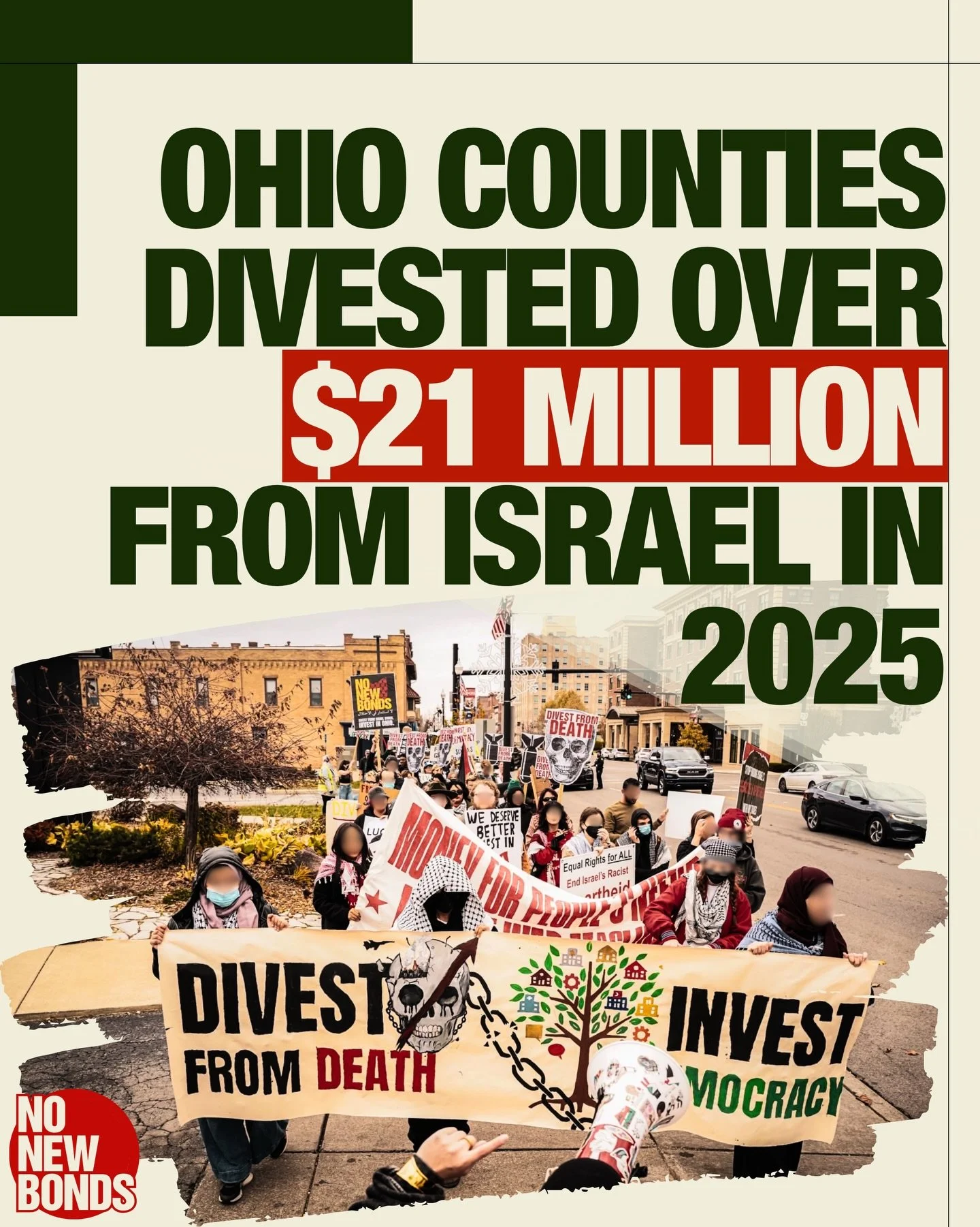 Ohio Divest Update

Since 2024, 12 Ohio counties have divested more than $22 million from Israel Bonds, reducing total county holdings from approximately $63 million to $40 million. These outcomes are the direct result of sustained public pressure, t