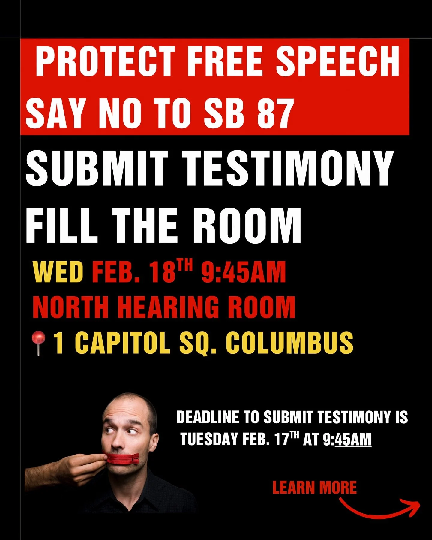 Ohio friends &mdash; this is urgent.

SB 87 threatens free speech by attaching a vague political definition to criminal law, allowing protected speech and protest to be treated as evidence of intent.

This affects students, activists, faith leaders, 