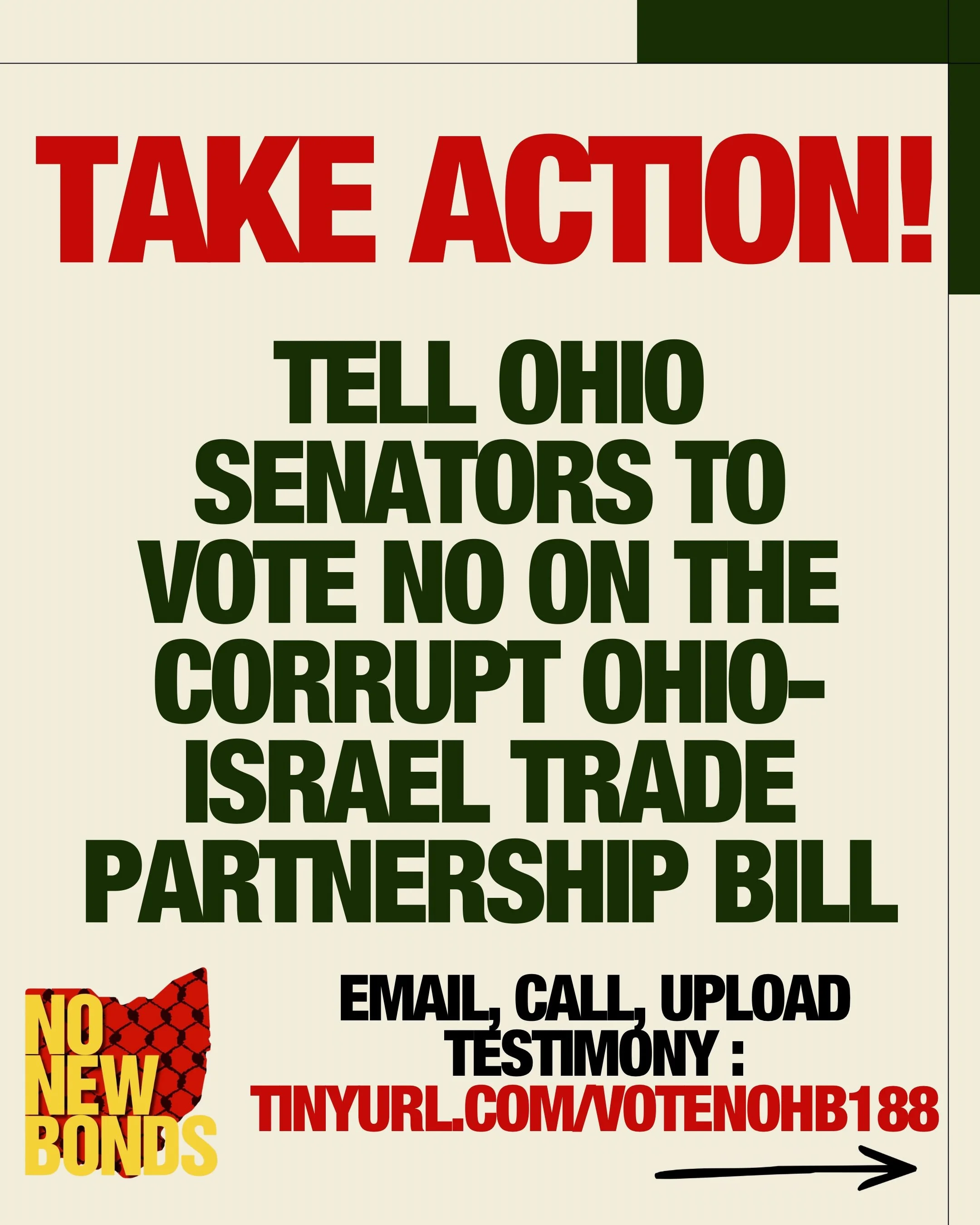 Text for the post:

🚨ALL HANDS ON DECK for HB 188!🚨

HB 188 - the Ohio Israel Trade and Innovation Partnership bill - is having its proponent AND opponent testimonies on TUESDAY 5/12. Testimonies must be submitted by Monday 5/11 by 3pm!

Please mak
