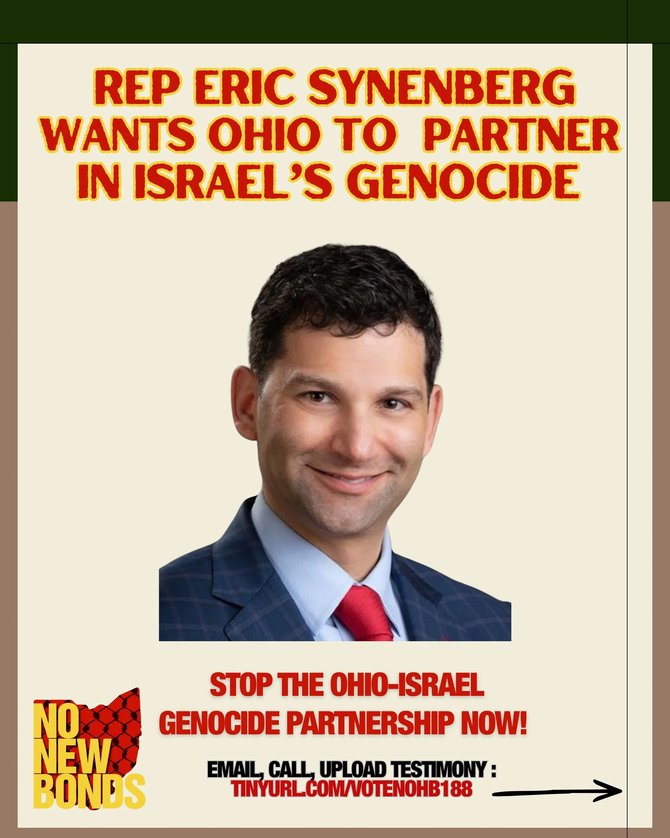 Ohio representatives are trying to heighten the profile of Ohio through a trade partnership with Israel. So, heightening our profile as a state that aids in war crimes? We don&rsquo;t think so. Tell your Senators to VOTE NO on HB 188