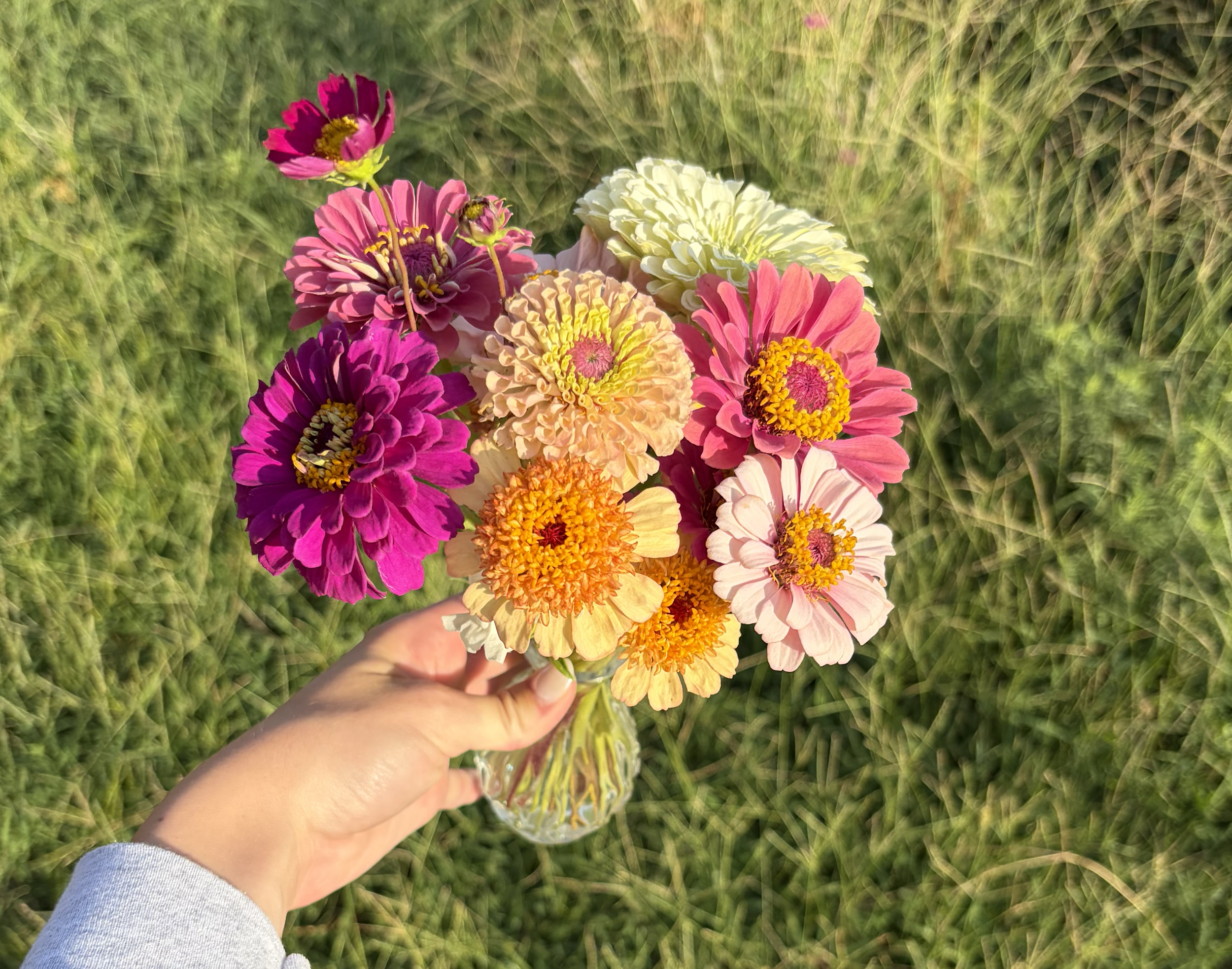 A hand holding a small glass vase with a bouquet of colorful flowers against a backdrop of green grass.