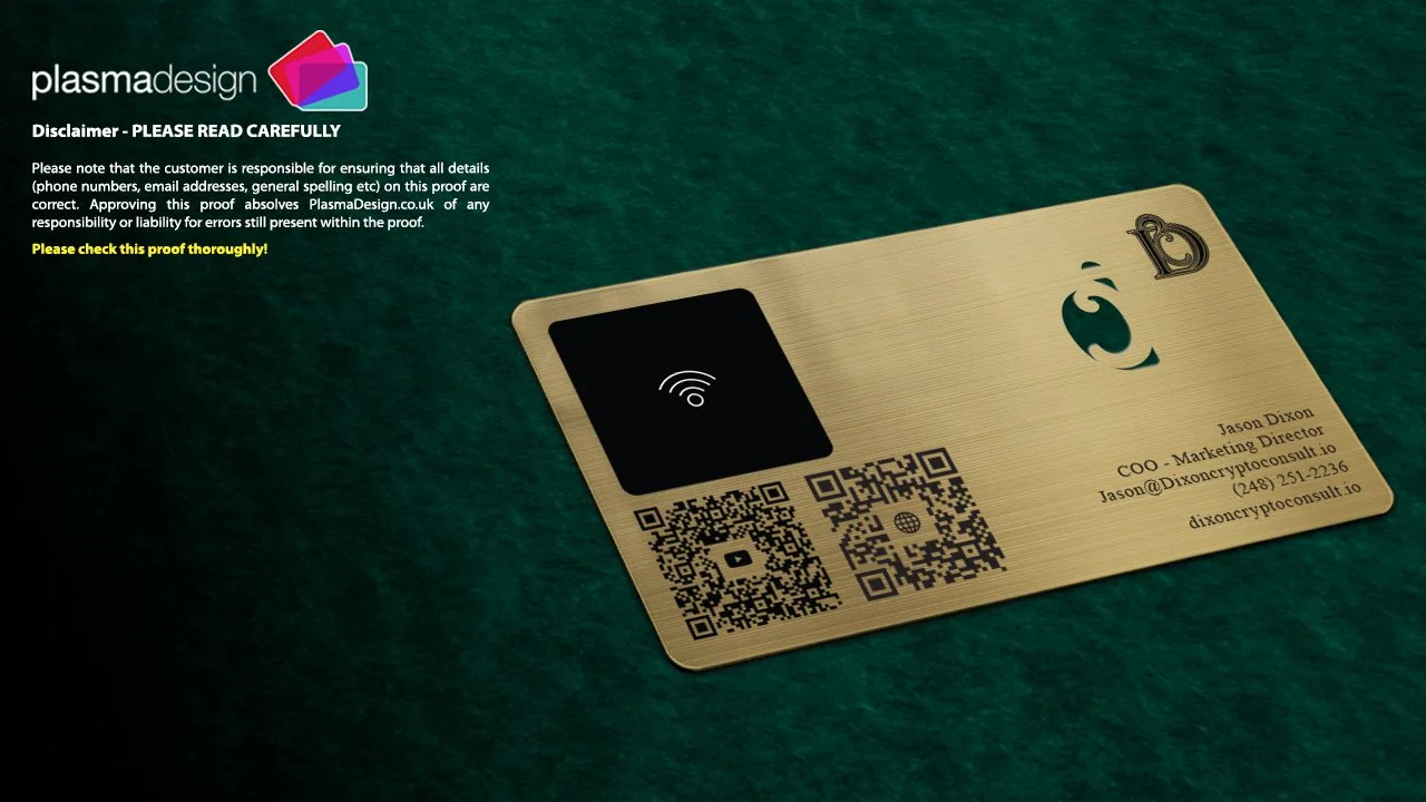Business card with white card base, black Wi-Fi icon, and two QR codes, laid on green textured surface.
