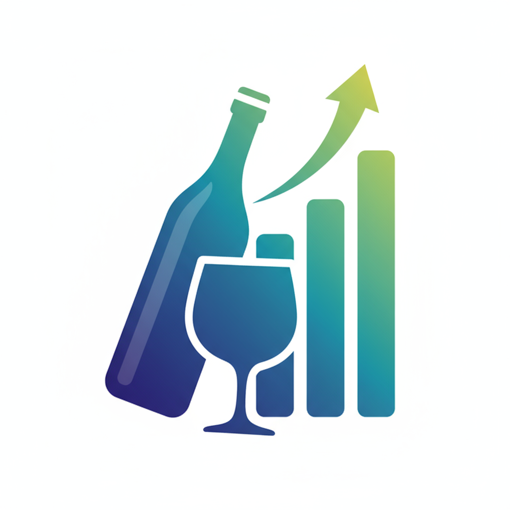 A stylized illustration of a wine bottle, a wine glass, and a bar graph with an upward arrow indicating growth or increase.