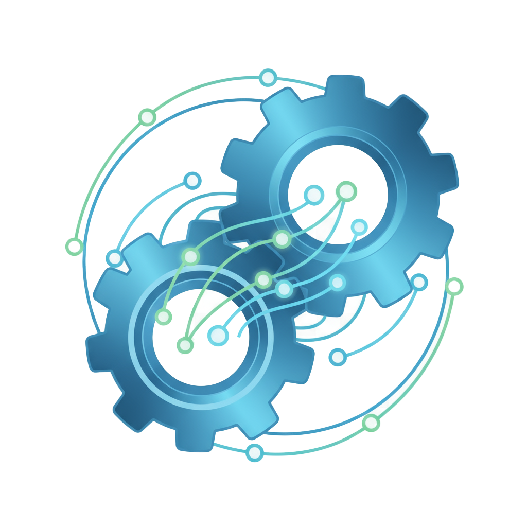 Two interlocking blue gears with circuit lines and nodes connecting them, symbolizing technology and automation.
